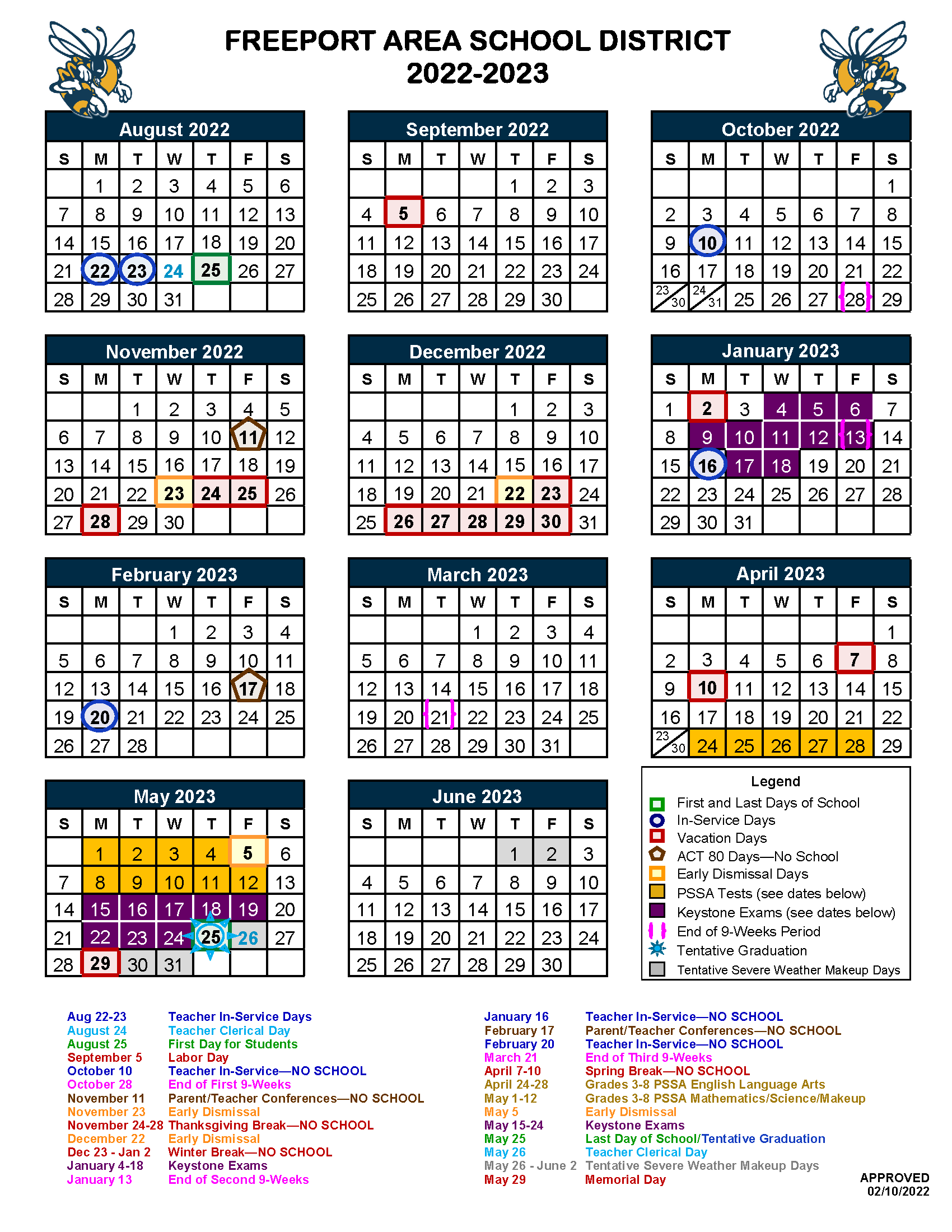 District 20 Calendar 2022 2023 2022-2023 District Calendar - Freeport Area Middle School